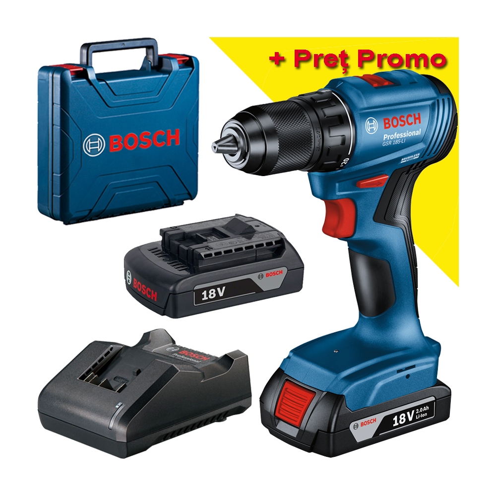 BOSCH GSR 185-LI Masina de gaurit si insurubat brushless cu 2 acumulatori Li-Ion, 2Ah (cu afisaj), 50Nm + Valiza