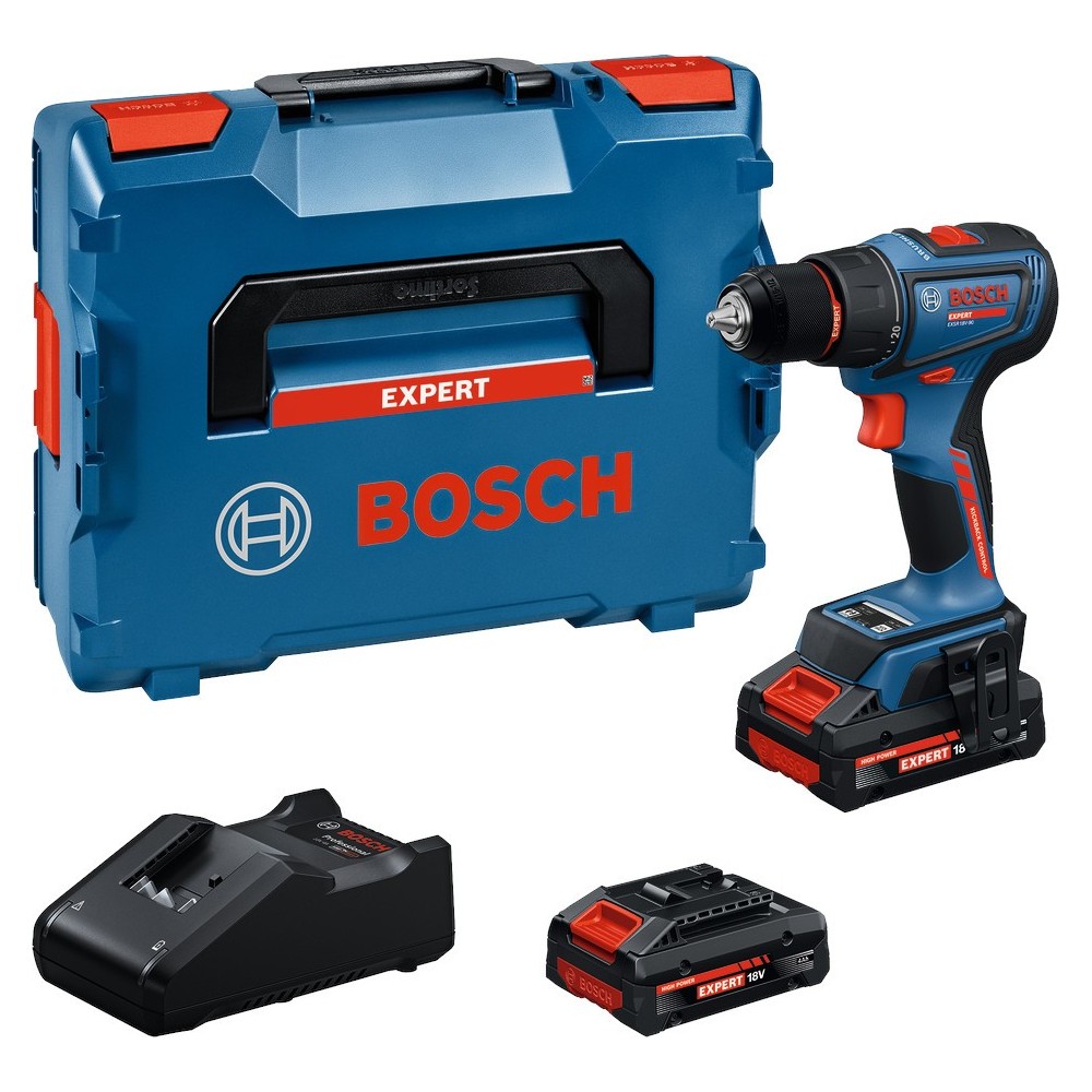 Bosch EXSR18V-90 Masina de gaurit 18V, 65Nm + 2 acumulatori EXBA18V-80 + incărcător rapid GAL 12V + L-BOXX