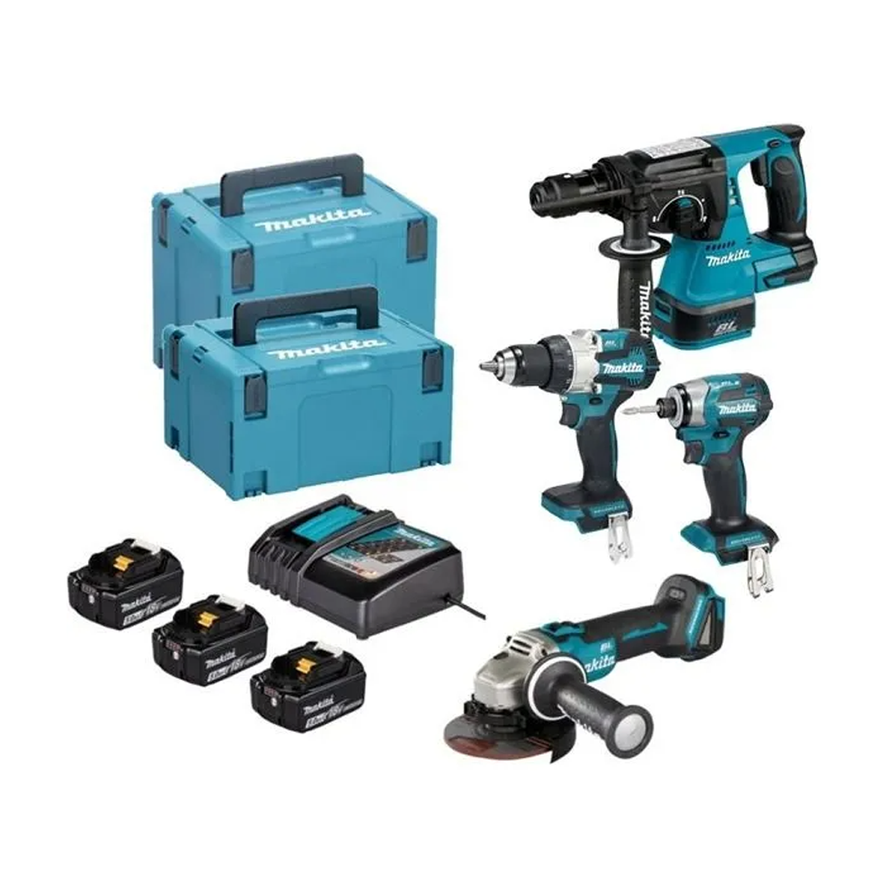 MAKITA DLX4195JX1 KIT 4 SCULE 18 V (DHP489Z + DGA504Z + DHR243Z + DTD173Z cu 3 acumulatori Li-Ion, de 5 Ah + Incarcator) + MakPa
