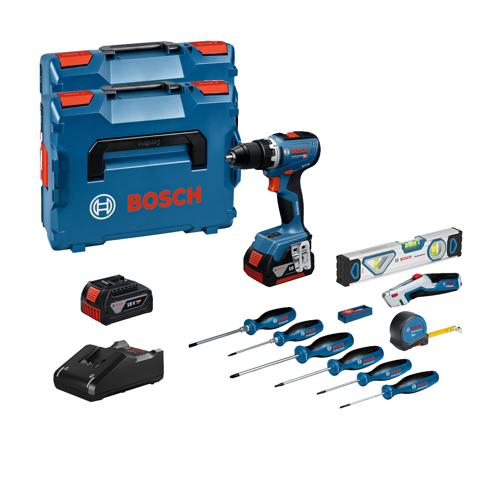 BOSCH GSR 18V-65 Masina de gaurit si insurubat brushless cu 2 acumulatori Li-Ion, 5Ah, 63Nm + Set 19 unelte in L-BOXX 102 + Vali