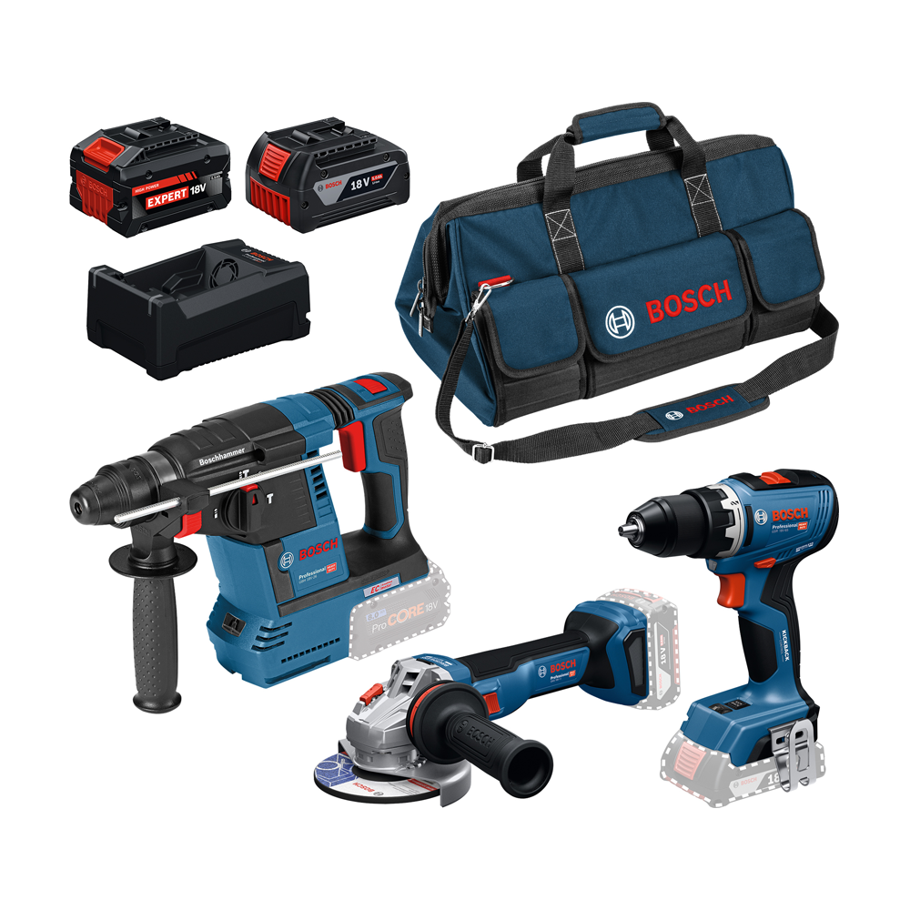 BOSCH Kit 3 scule 18V GSR 18V-65 + GWS 18V-11 + GBH 18V-26 + 1x GBA 18V 5.0 Ah + 1x EXBA18V-55 + 1x GAL12-18V-80 + Geanta textil