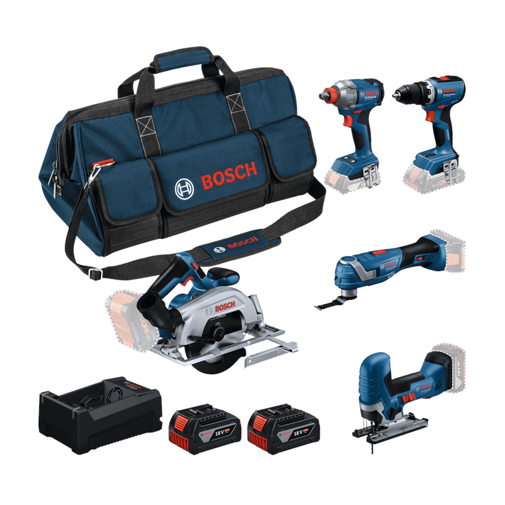 BOSCH Kit 5 scule 18V GSR 18V-65 + GDX 18V-285 + GKS 18V-57-2 + GOP 18V-34 + GST 18V-125 S + 2x 5.0Ah + GAL 12V-18V-80 + Geanta