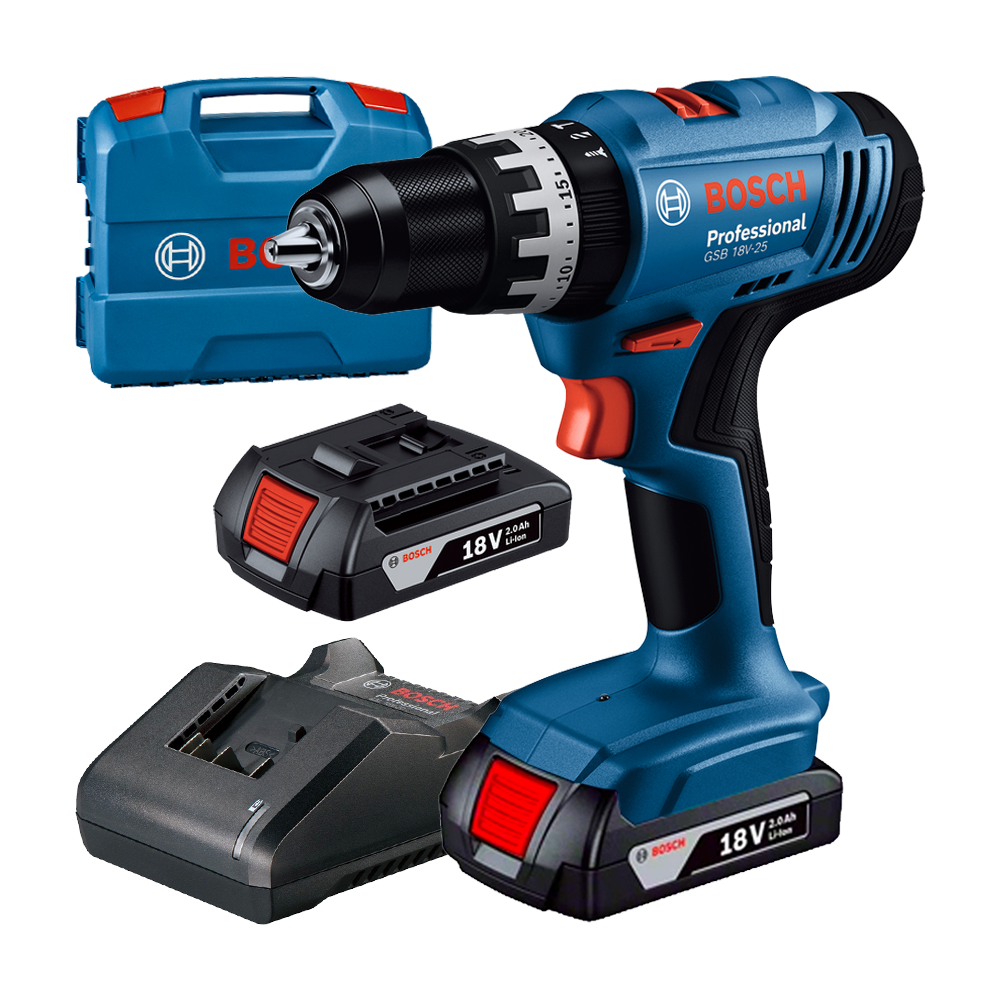 BOSCH PRO GSB 18V-25 Masina de gaurit cu percutie cu 2 acumulatori Li-Ion, 2Ah, 60Nm, cu incarcator 2Ah + Valiza L-CASE