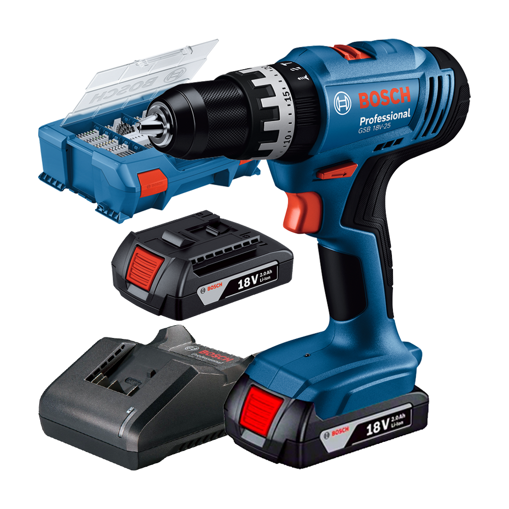 BOSCH PRO GSB 18V-25 Masina de gaurit cu percutie cu 2 acumulatori Li-Ion, 2Ah, 60Nm, cu incarcator 4Ah + Valiza L-CASE PICK