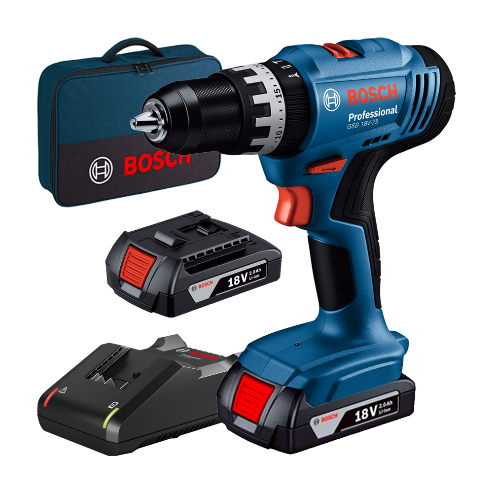 BOSCH PRO GSB 18V-25 Masina de gaurit cu percutie cu 2 acumulatori Li-Ion, 2Ah, 60Nm, cu incarcator 4Ah + Geanta textil