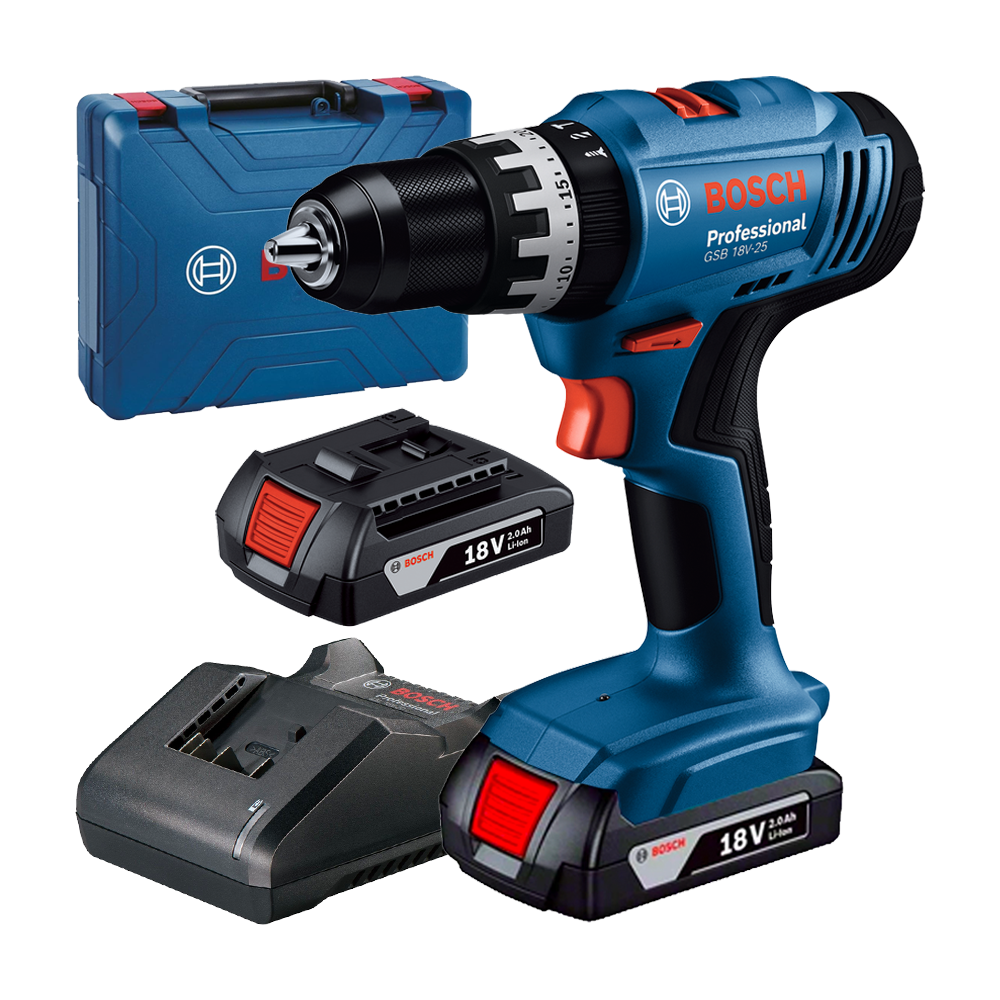 BOSCH PRO GSB 18V-25 Masina de gaurit cu percutie cu 2 acumulatori Li-Ion, 2Ah, 60Nm, cu incarcator 2Ah + Valiza
