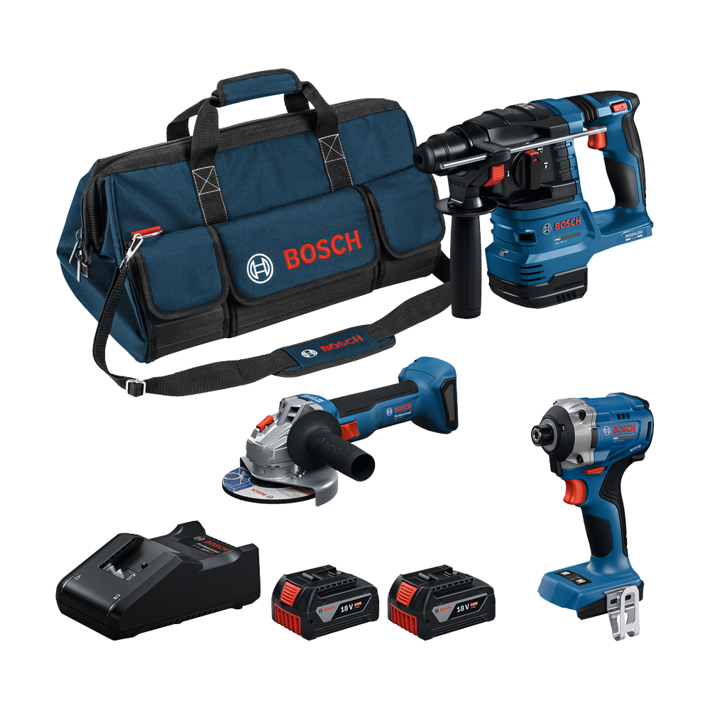 BOSCH Kit 3 scule 18V GDR+GBH+GWS+2x4.0Ah+GAL + Geanta textil