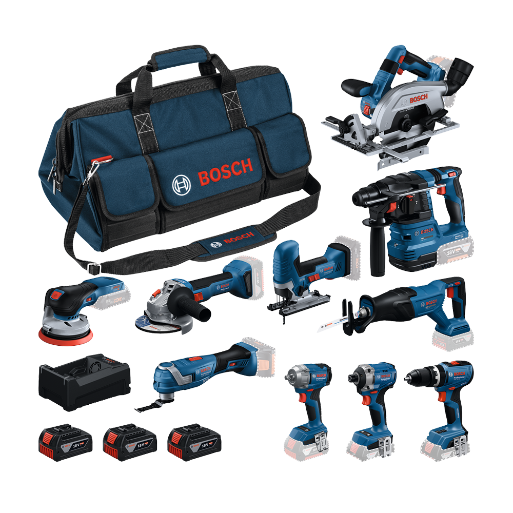 BOSCH Kit 10 scule 18V GEX 18V-125 + GDS 18V-350 + GOP 18V-34 + GSB 18V-65 + GWS 18V-8 + GST 18V-125 S + GDR 18V-215 + GKS 18V-5