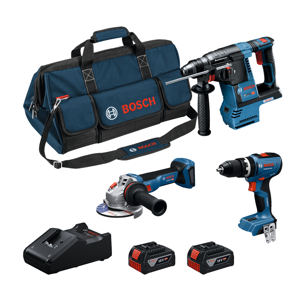 BOSCH Kit 3 scule 18V GBH 18V-26 + GSB 18V-65 + GWS 18V-11 S + 2x5.0Ah + GAL18V-40 + Geanta textil