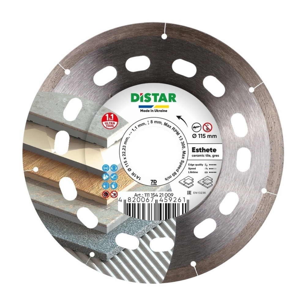Disc diamantat DiStar Esthete foarte subtire pt. Gresie portelanata, placi ceramice - 115x22.23 (mm) Ultra Premium - DiStar-1111