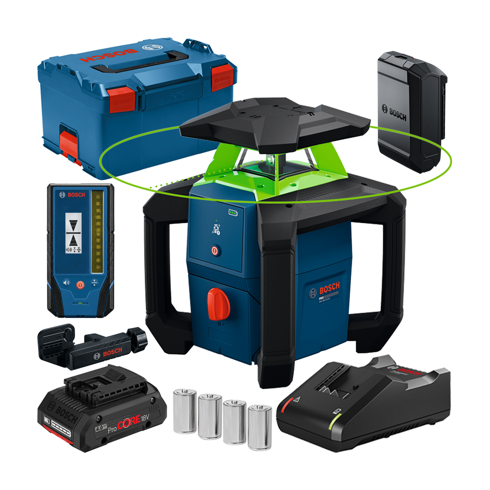 BOSCH GRL18V-3-31G Nivela laser rotativa cu laser VERDE (300 m) cu 1 acumulator ProCORE 18V, 4Ah, + Incarcator GAL18V-40 + LR3-2