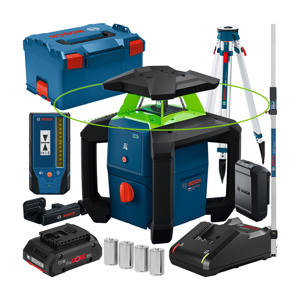 BOSCH GRL18V-3-31G Nivela laser rotativa cu laser VERDE (300 m) cu 1 acumulator ProCORE 18V, 4Ah, + Incarcator GAL18V-40 + LR3-2