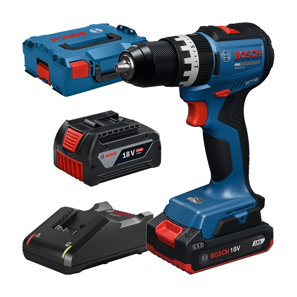 BOSCH GSB18V-52 Masina de gaurit cu percutie brushless cu 2 acumulatori Li-Ion, unul de 2Ah si unul de 4Ah, 70Nm + Incarcator 4A
