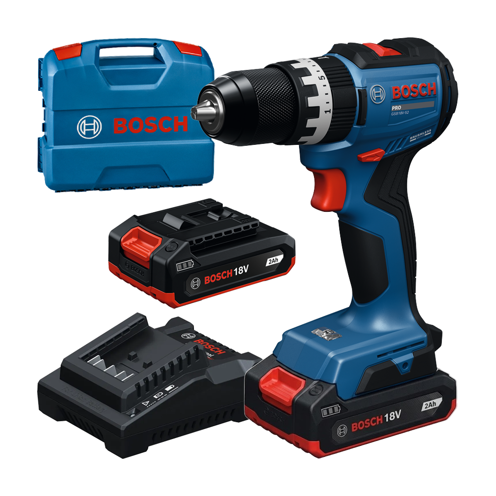 BOSCH GSB18V-52 Masina de gaurit cu percutie brushless cu 2 acumulatori Li-Ion, 2Ah, 70Nm + Incarcator 2Ah + Valiza L-CASE