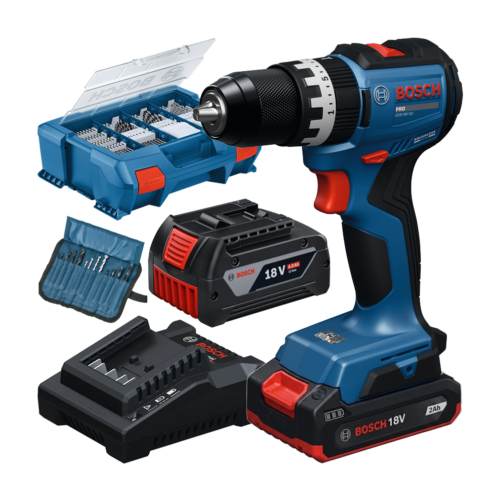 BOSCH GSB18V-52 Masina de gaurit cu percutie brushless cu 2 acumulatori Li-Ion, unul de 2Ah si unul de 4Ah, 70Nm + Incarcator 2A