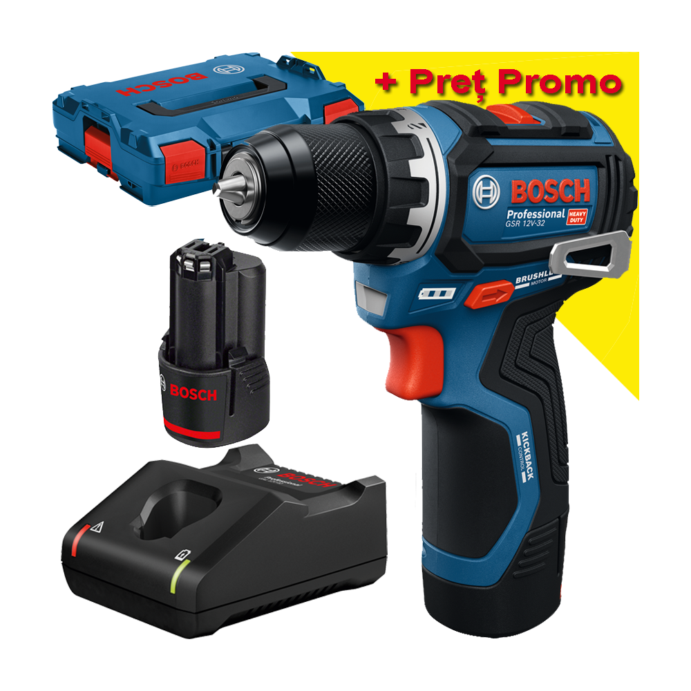 BOSCH GSR 12V-32 Masina de gaurit si insurubat brushless cu 2 acumulatori Li-Ion, 3Ah, 32Nm + Incarcator 4Ah + Valiza L-BOXX