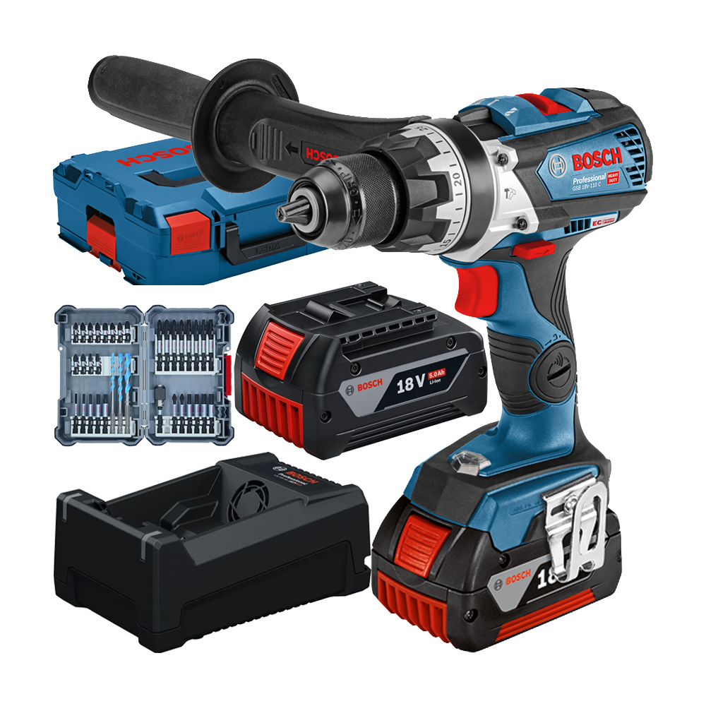 BOSCH GSB 18V-110 C Masina de gaurit cu percutie brushless cu 2 acumulatori Li-Ion, 5Ah, 110Nm + Incarcator  8Ah + Set 35 acceso