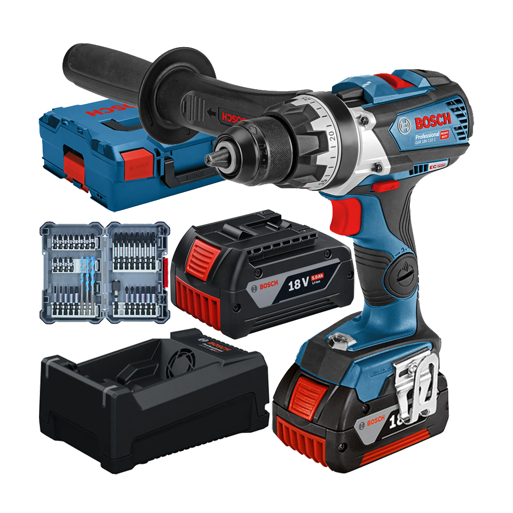 BOSCH GSR 18V-110 C Masina de gaurit si insurubat brushless cu 2 acumulatori Li-Ion, 5Ah, 110Nm + Incarcator 8Ah + Set 35 acceso