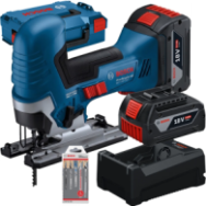 BOSCH GST 18V-125 S Ferastrau vertical brushless, cu 2 acumulatori Li-Ion, 5Ah + Incarcator 8Ah + Set 15 panze + Valiza L-BOXX