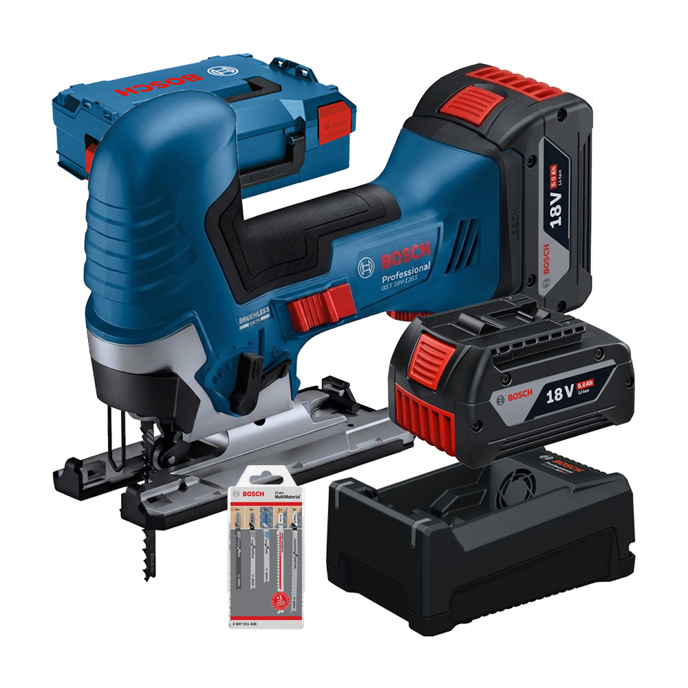 BOSCH GST 18V-125 S Ferastrau vertical brushless, cu 2 acumulatori Li-Ion, 5Ah + Incarcator 8Ah + Set 15 panze + Valiza L-BOXX