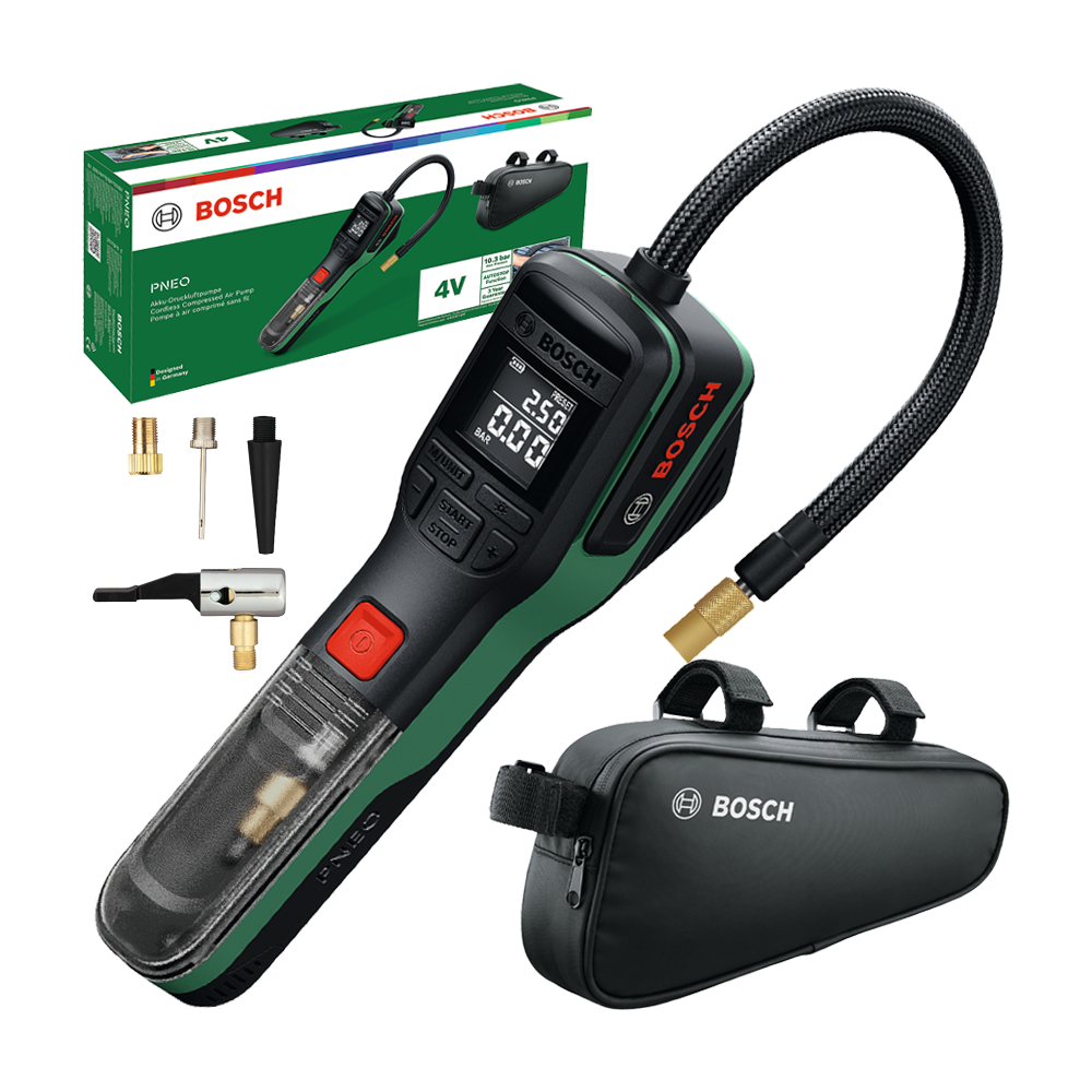 BOSCH PNEO Bike version Pompa de aer cu 1 acumulator 4V, 3Ah, 10.3 bari + Geanta pentru bicicleta (cu acumulator detasabil)