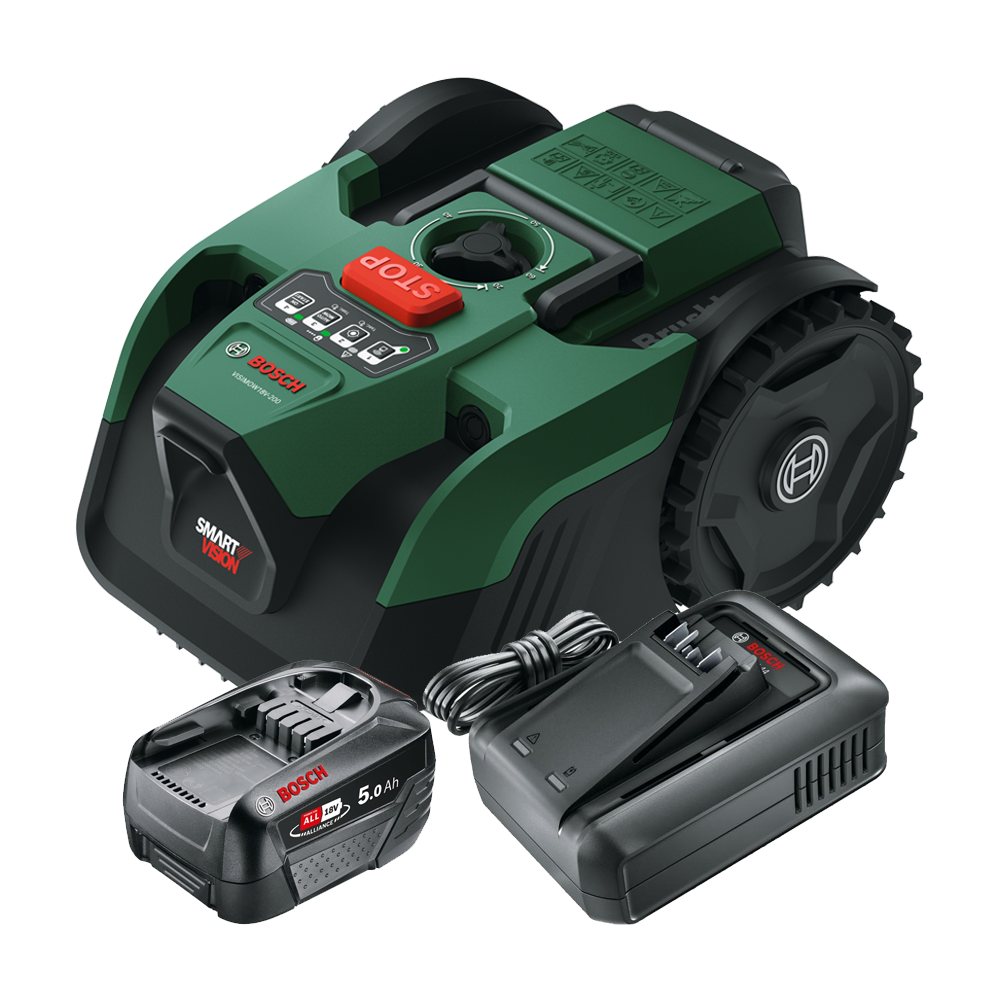 BOSCH VISIMOW18V-200 Robot pentru tuns gazon brushless, cu 1 acumulator Li-Ion, 5Ah, latime 18 cm, inaltime de taiere 20-60 mm +