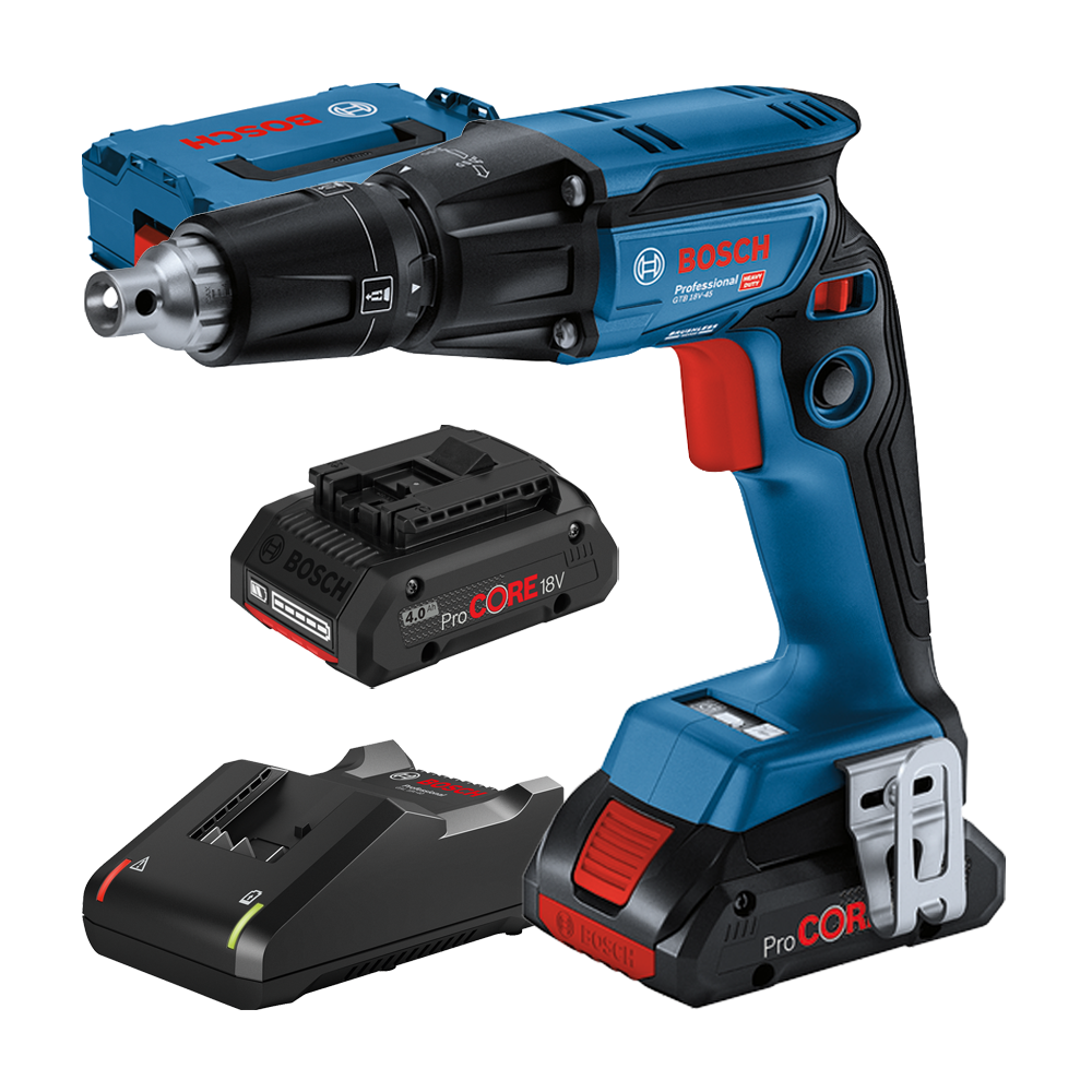 BOSCH GTB 18V-45 Masina de insurubat brushless, cu 2 acumulatori Li-Ion, 4Ah, cu incarcator de 4Ah GAL18V-40 + Valiza L-BOXX