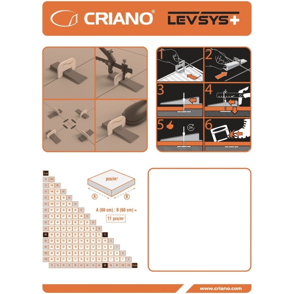 Distantiere autonivelare CRIANO LevSys+ ( Clips-uri ) pt. gresie, faianta si placi - Rost de 1,5 mm - 100 buc - CNO-LSP-PLC1.510