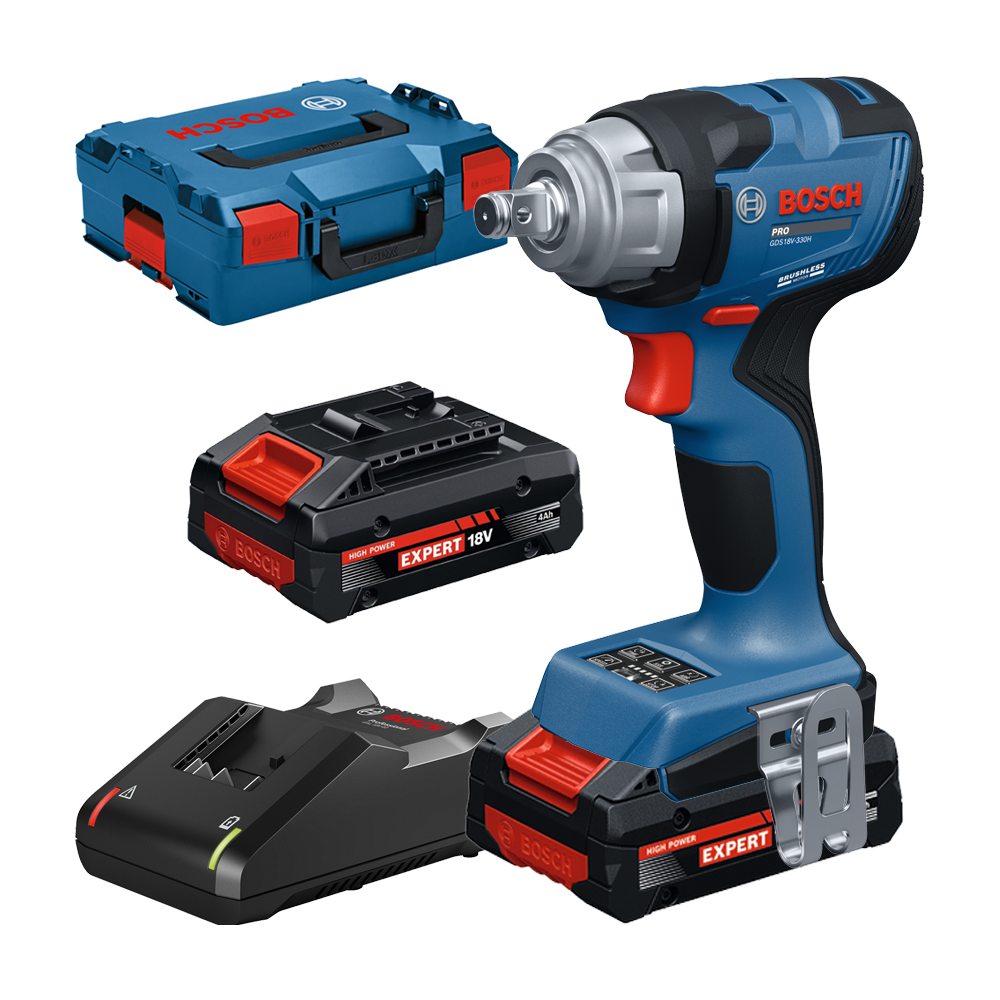 BOSCH GDS18V-330H Surubelnita cu impact brushless cu 2 acumulatori Li-Ion, EXBA 4Ah, 330Nm, prindere 1/2" + Valiza L-BOXX