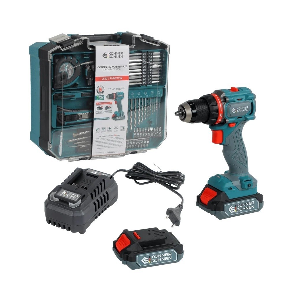 Set masina de gaurit cu acumulator litiu 20V, 2Ah si valiza 74 accesorii - Konner & Sohnen - KS-ID20V-60 KIT 74
