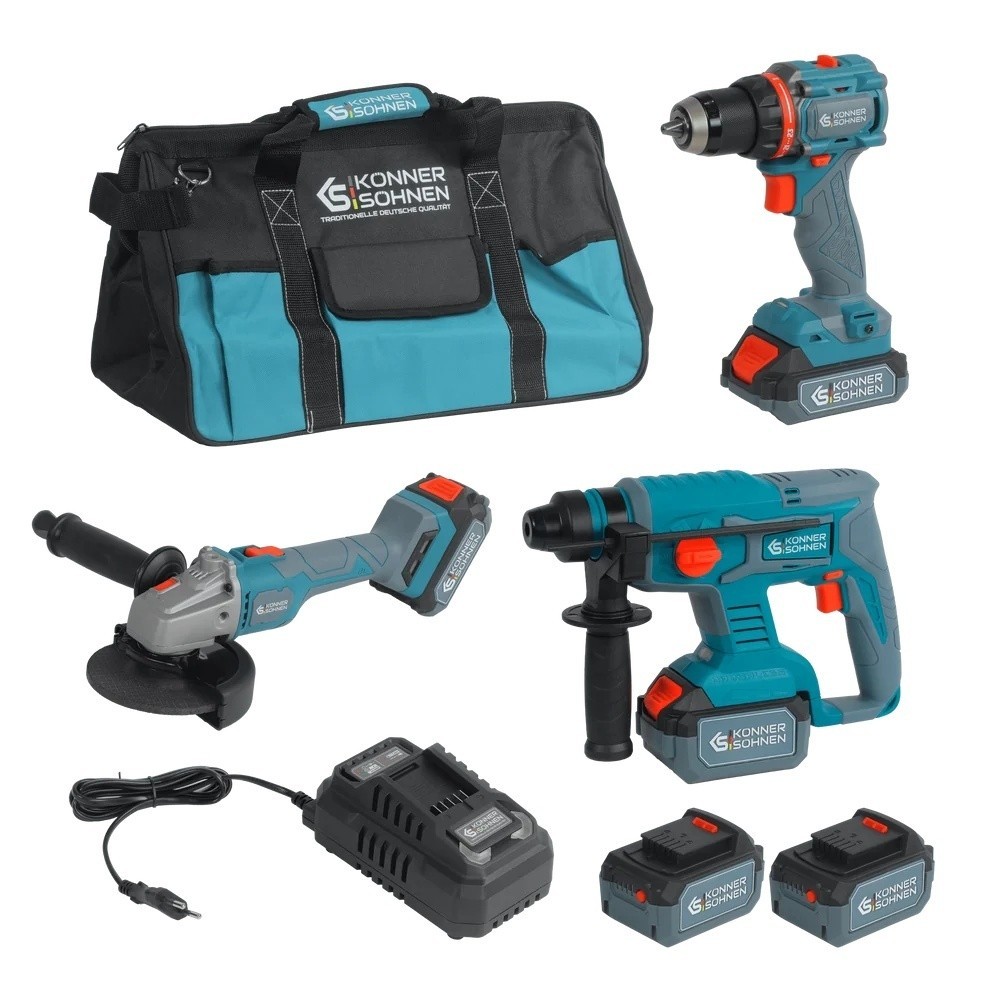 Set masina de gaurit, rotopercutor si polizor unghiular cu acumulatori litiu 20V, 4Ah si valiza - Konner & Sohnen - KS RHAGD 20V