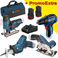 BOSCH  KIT 4 scule 12V (GST 12V-70/GKS 12V-26/GSR 12V-30/GSA 12V-14) cu 2 acumulatori Li-Ion, 2Ah + Incarcator rapid de 4Ah GAL1