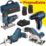 BOSCH  KIT 4 scule 12V (GST 12V-70/GKS 12V-26/GSR 12V-30/GSA 12V-14) cu 2 acumulatori Li-Ion, 2Ah + Incarcator rapid de 4Ah GAL1