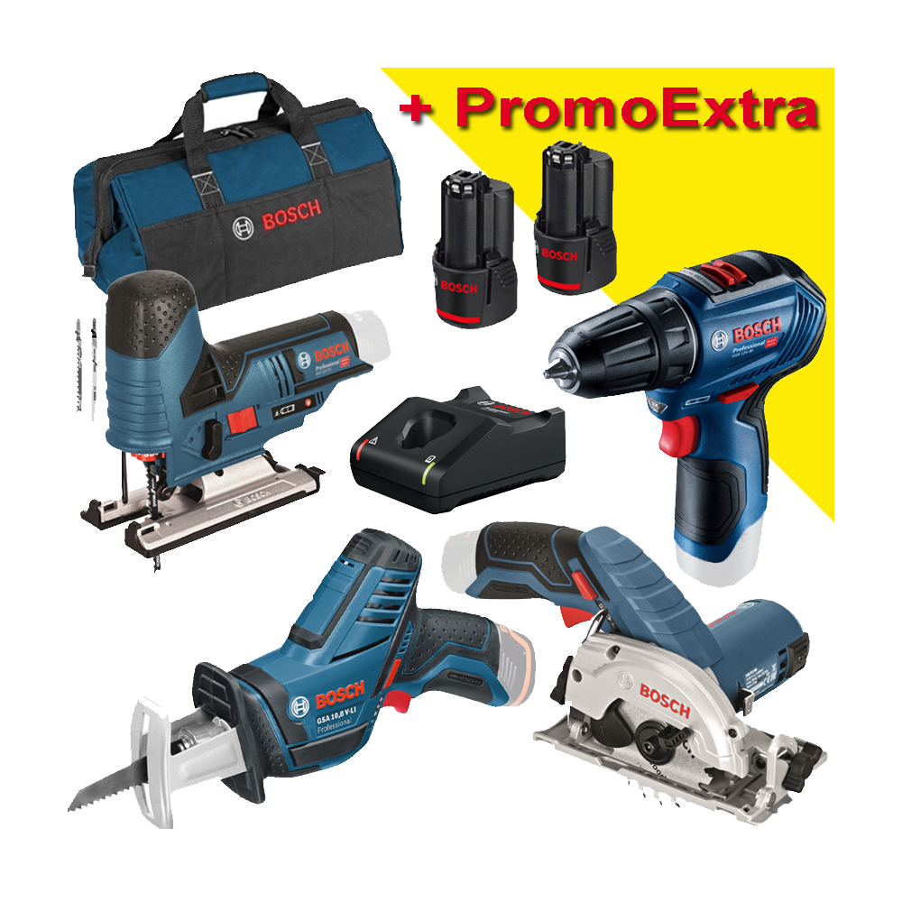 BOSCH  KIT 4 scule 12V (GST 12V-70/GKS 12V-26/GSR 12V-30/GSA 12V-14) cu 2 acumulatori Li-Ion, 2Ah + Incarcator rapid de 4Ah GAL1