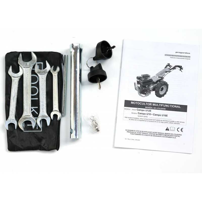 ProGARDEN Campo U16 motocultor multifunctional 14CP, benzina, EU V, pornire la sfoara, 3+2 viteze, reductor + BT-X90N freza trac